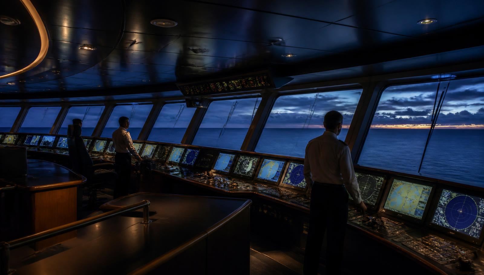 Officers on watch on the bridge of a cruise ship at dusk